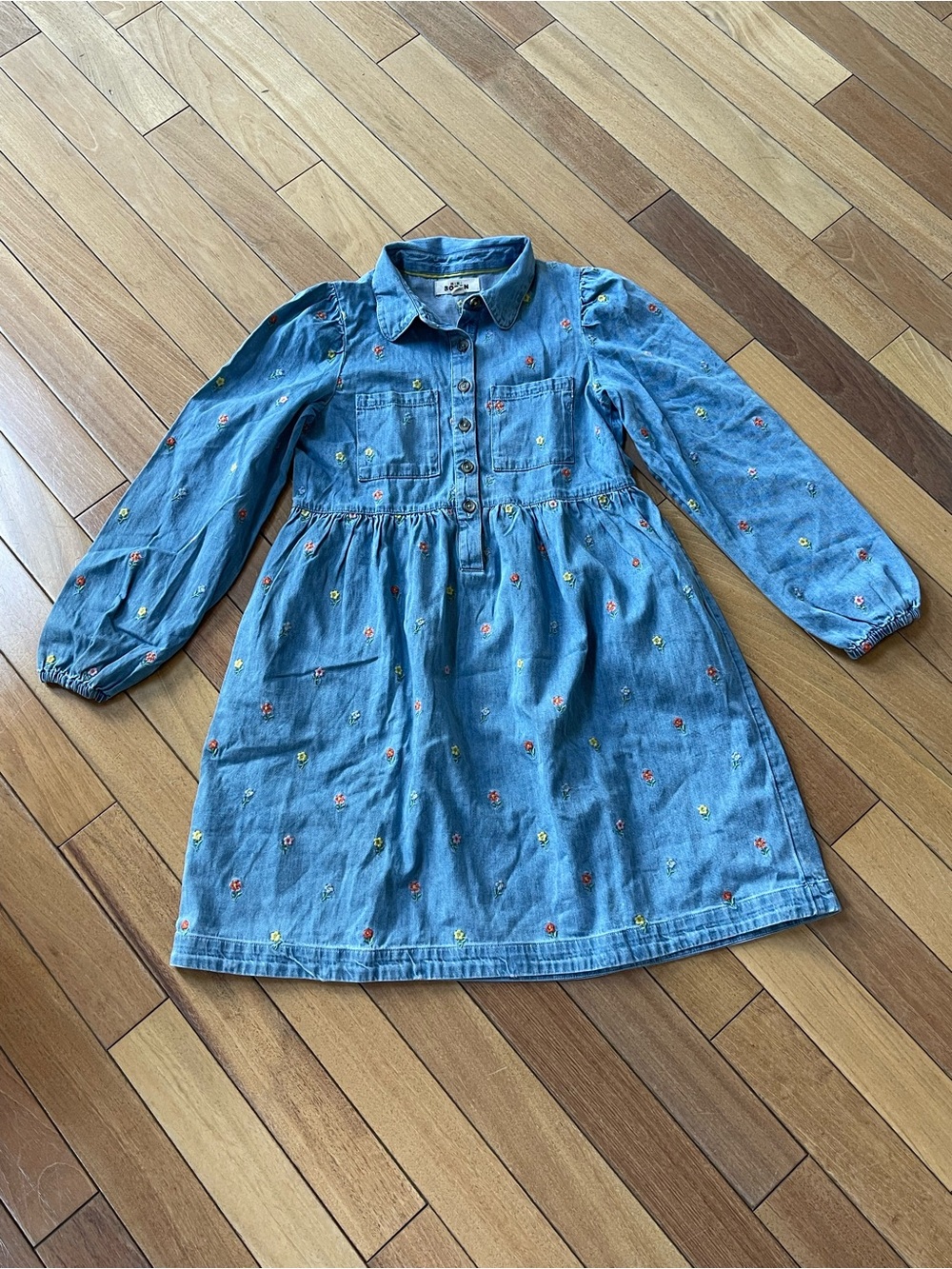 Mini Boden Aubrey Denim Floral Embroidered Puff Sleeve Dress 13-14Y